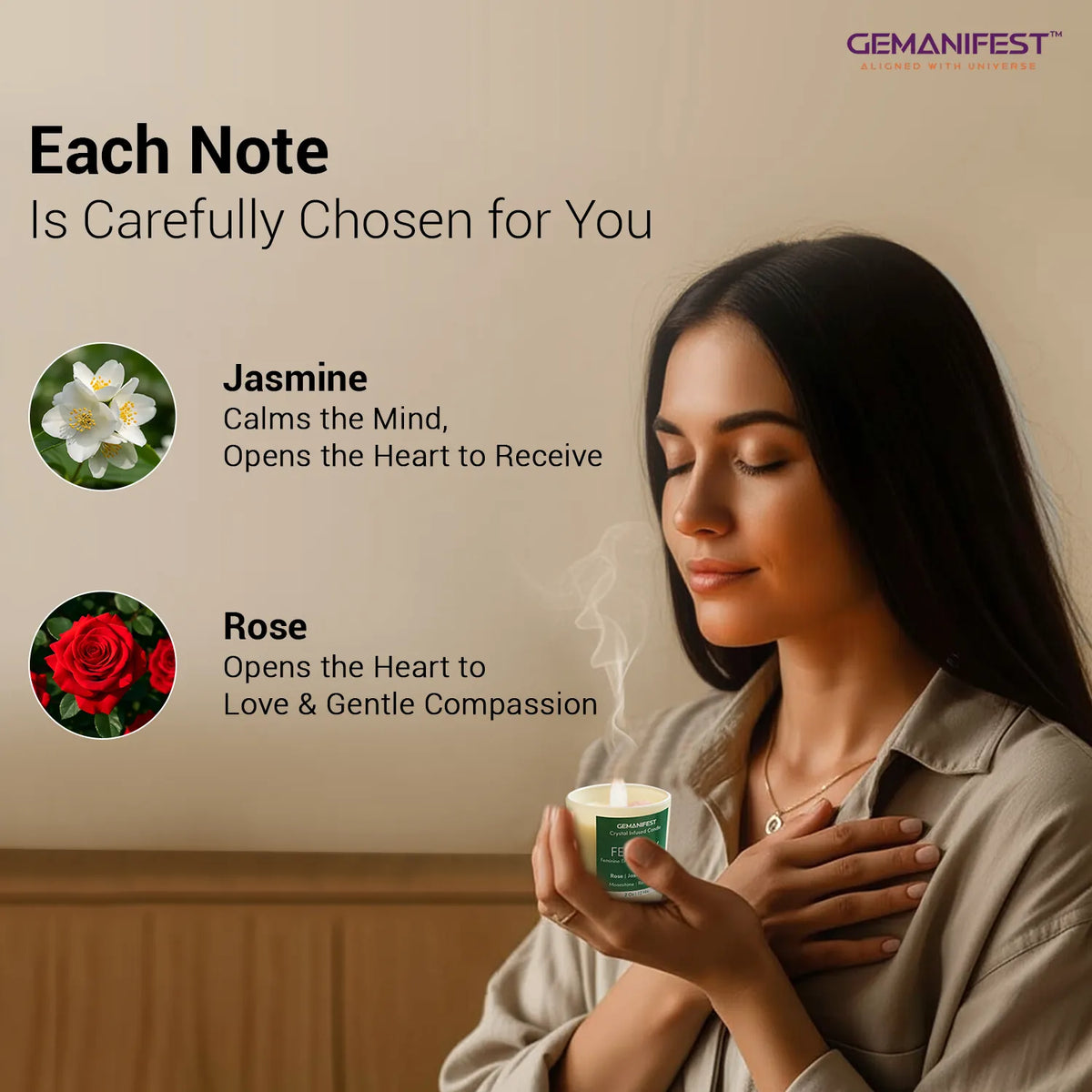 Woman holding fertility candle with notes of Jasmine and Rose for calmness and love.