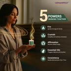 Woman holding fertility manifestation candle with glowing energy stream, highlighting fire, crystals, affirmation, oils, and consistency.