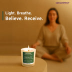 Candle placed in focus with blurred woman meditating in background.