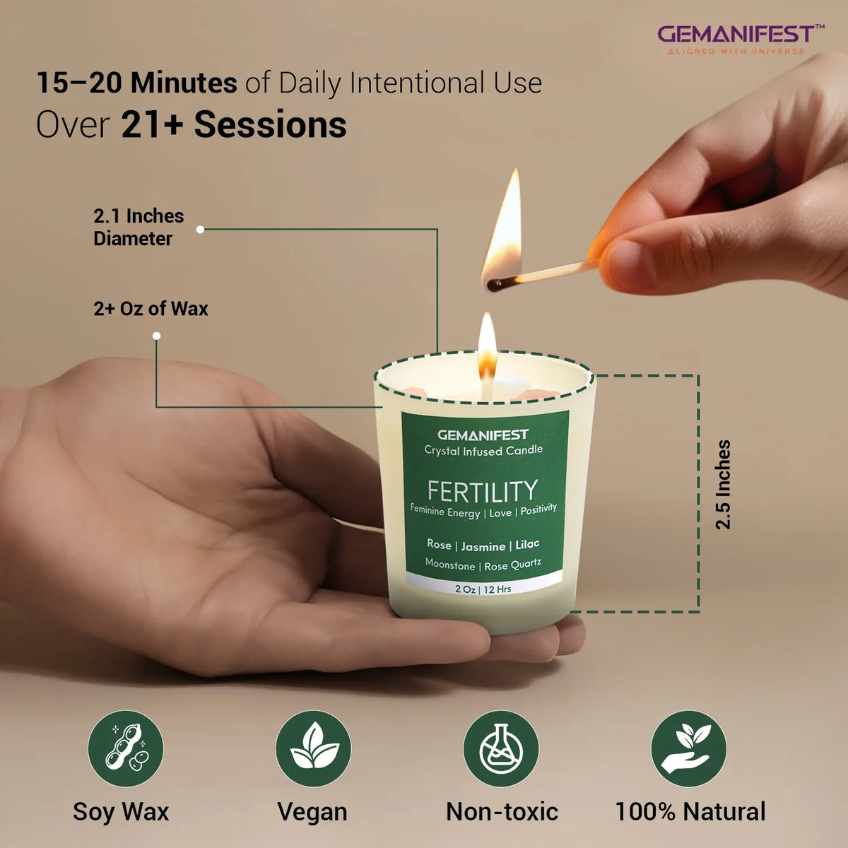 Hand holding fertility candle showing size (2.5 inches tall, 2.1 inches wide, 2 oz soy wax).