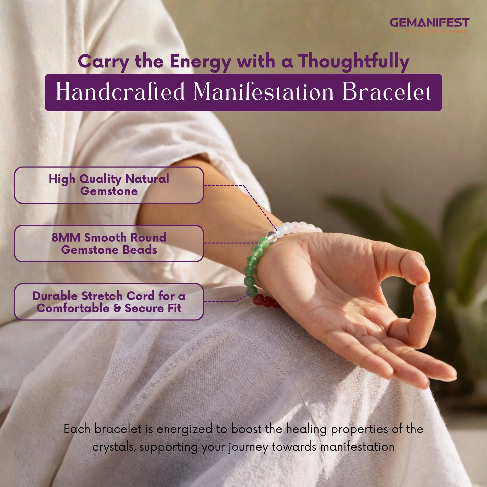 Person wearing a handcrafted gemstone bracelet with product features highlighted.