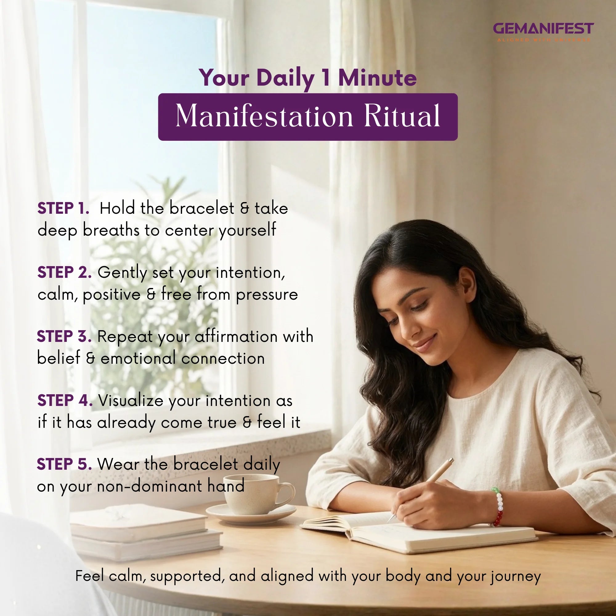 Woman writing in a notebook with a cup of coffee, surrounded by text on a 'Daily 1 Minute Manifestation Ritual'.