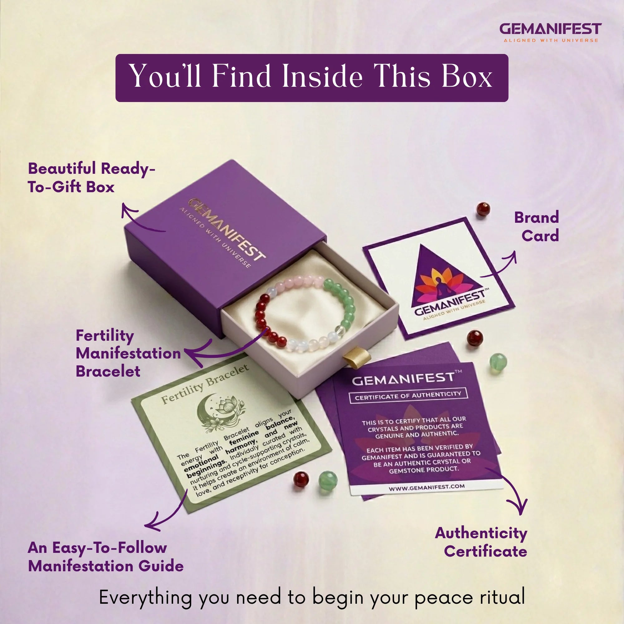 Gemanifest product packaging with bracelet, guide, and certificate on a light purple background