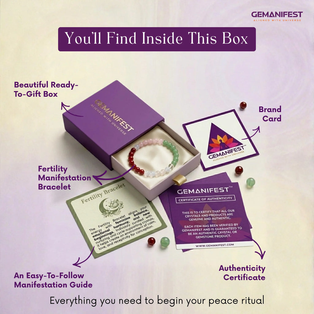 Gemanifest product packaging with bracelet, guide, and certificate on a light purple background