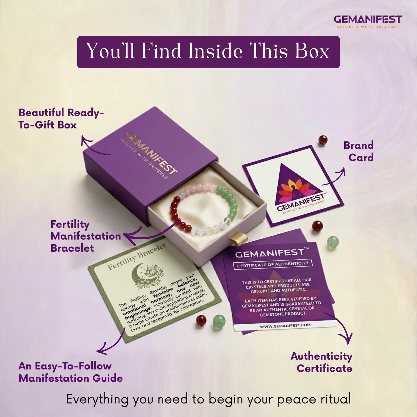 Gemanifest product packaging with bracelet, guide, and certificate on a light purple background