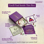 Gemanifest product packaging with bracelet, guide, and certificate on a light purple background