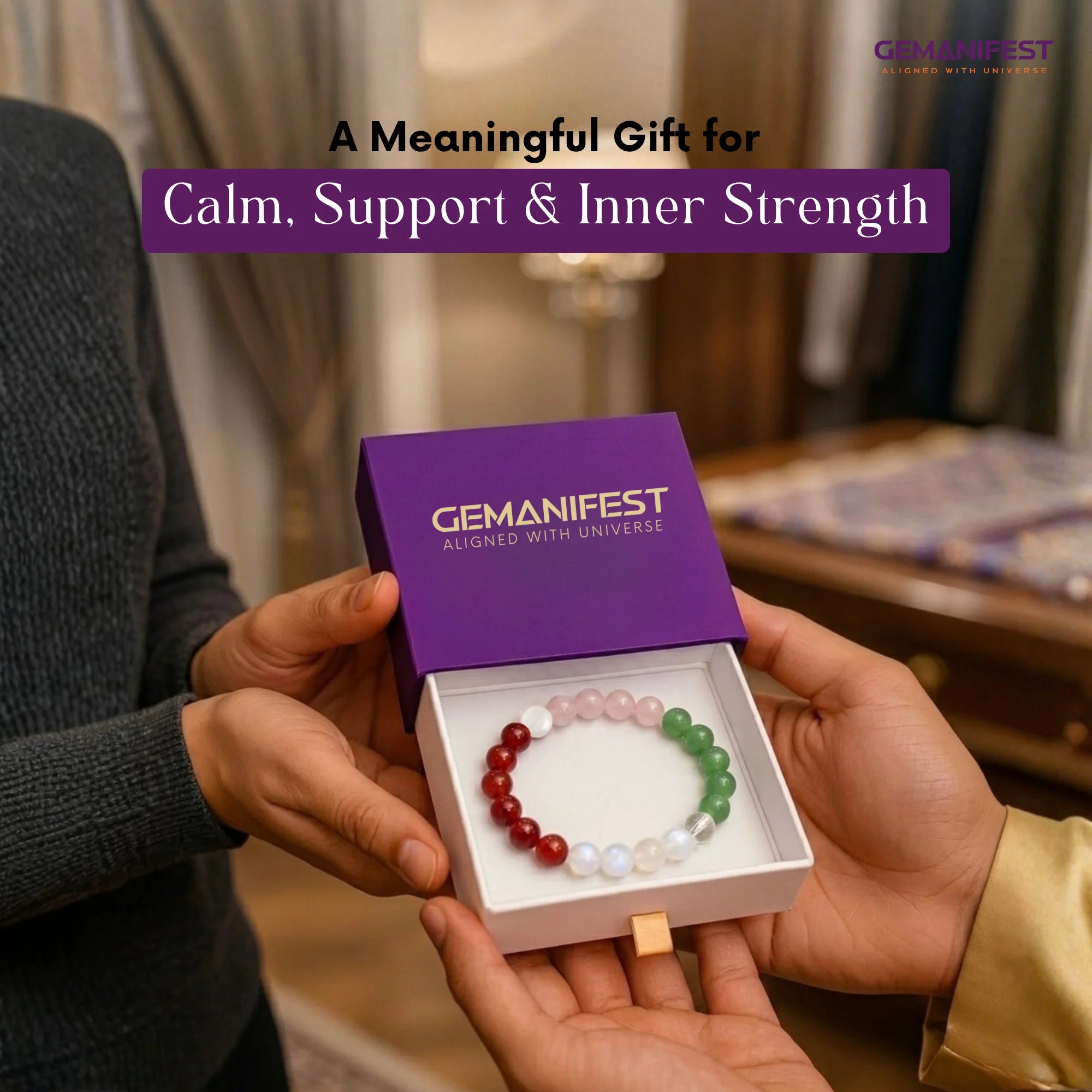 Person holding a bracelet in a Gemanifest box with text about gift meaning.