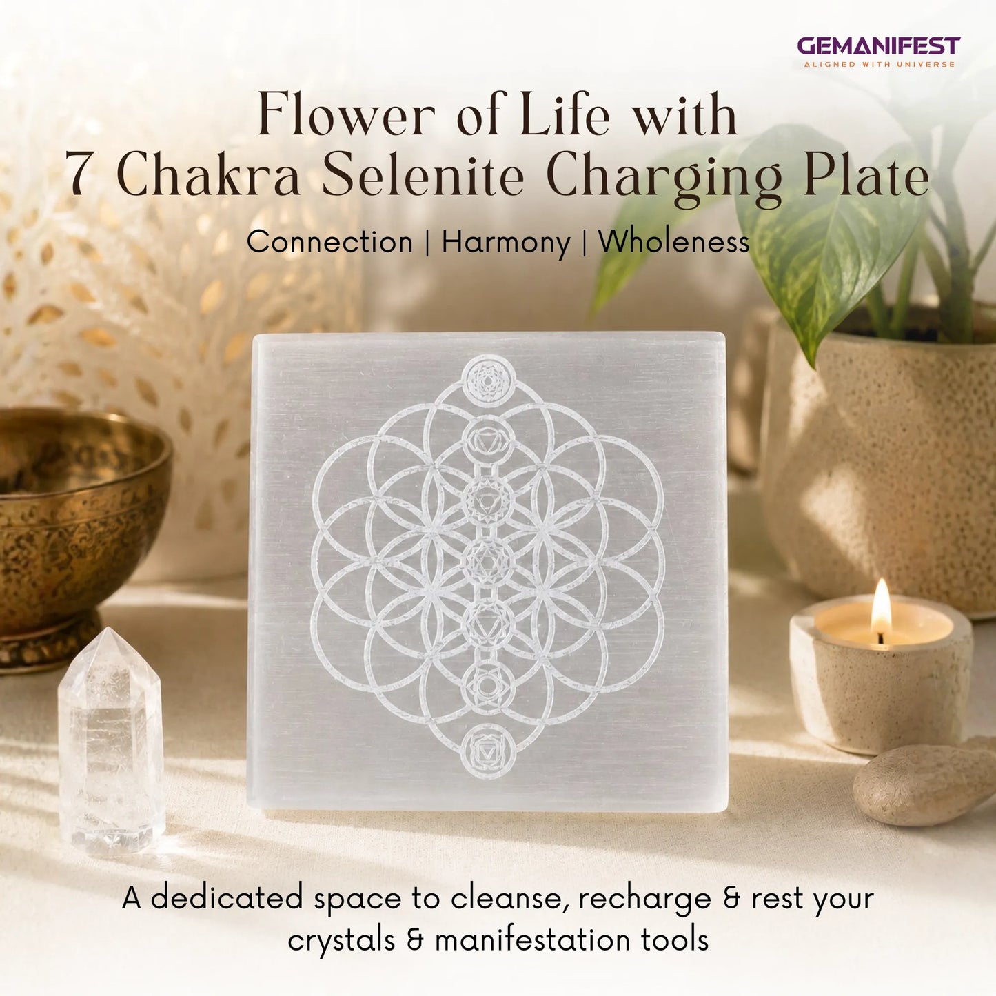 Flower of Life with 7 Chakra Selenite Charging Plate for Inner Harmony