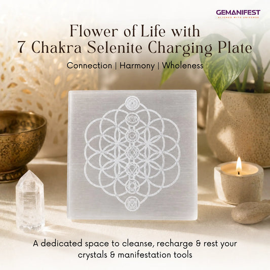 Flower of Life with 7 Chakra Selenite Charging Plate for Inner Harmony