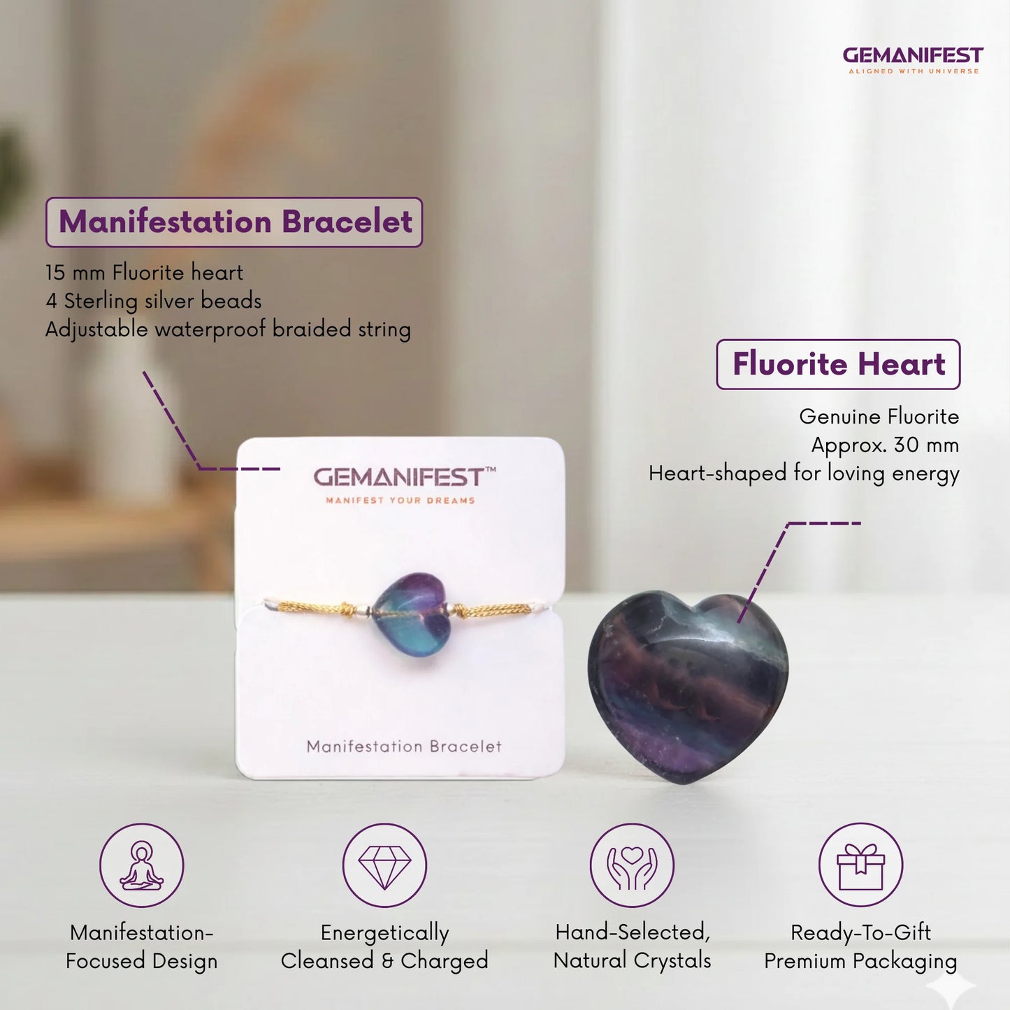 Manifestation bracelet with fluorite heart on a white card, featuring Gemanifest branding.