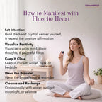Woman meditating with a crystal, surrounded by text on how to manifest with fluorite heart crystals.