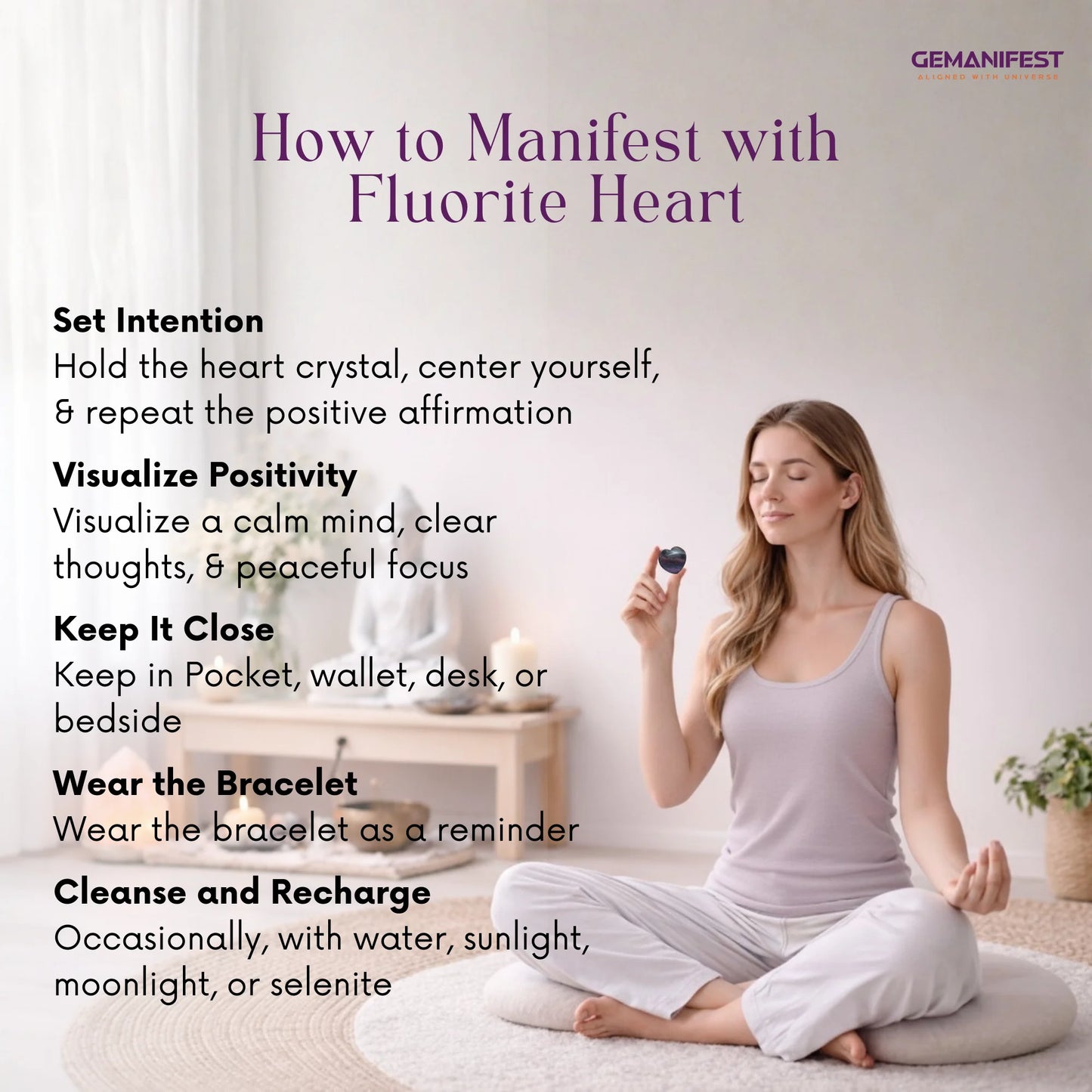 Woman meditating with a crystal, surrounded by text on how to manifest with fluorite heart crystals.