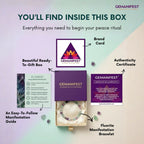 Gemanifest product packaging with bracelet, guide, and brand card on a light purple background