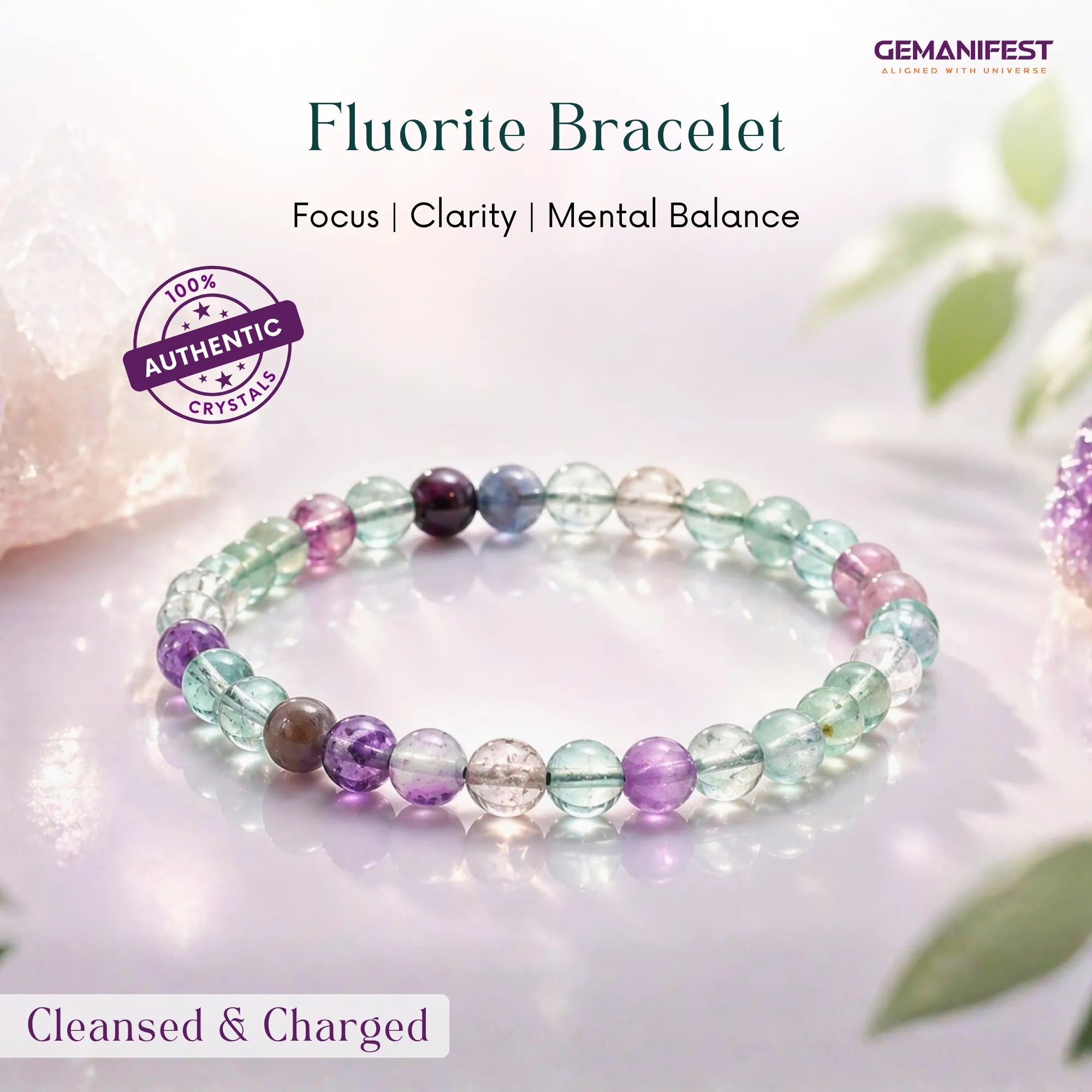 Fluorite bracelet with colored beads on a light background, featuring GEMANIFEST branding.