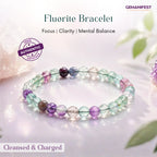 Fluorite bracelet with colored beads on a light background, featuring GEMANIFEST branding.