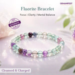 Fluorite bracelet with colored beads on a light background, featuring GEMANIFEST branding.