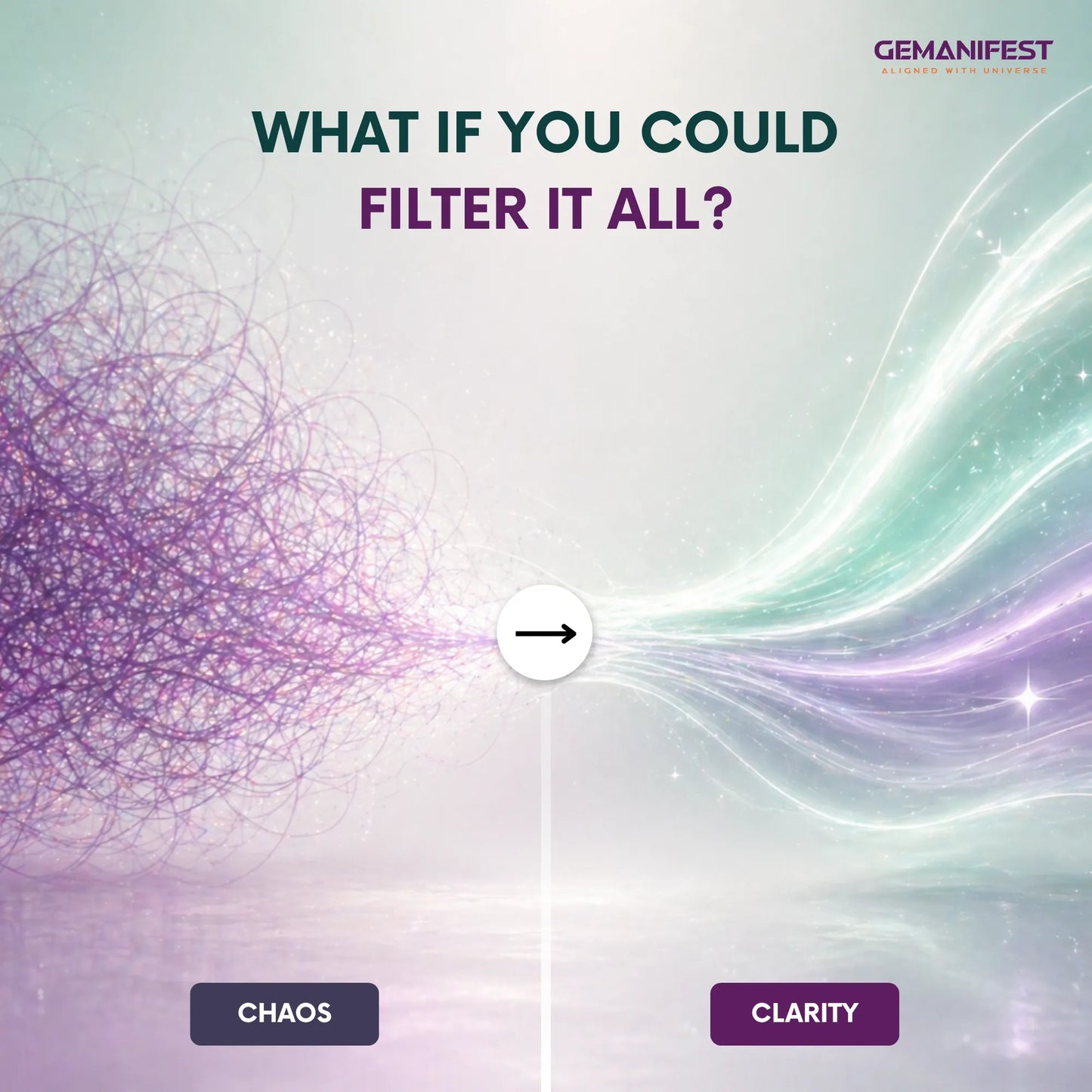 Abstract design with 'Chaos' and 'Clarity' options and GEMANIFEST branding.