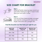 Size chart for bracelet with measurement instructions and table on a light purple background