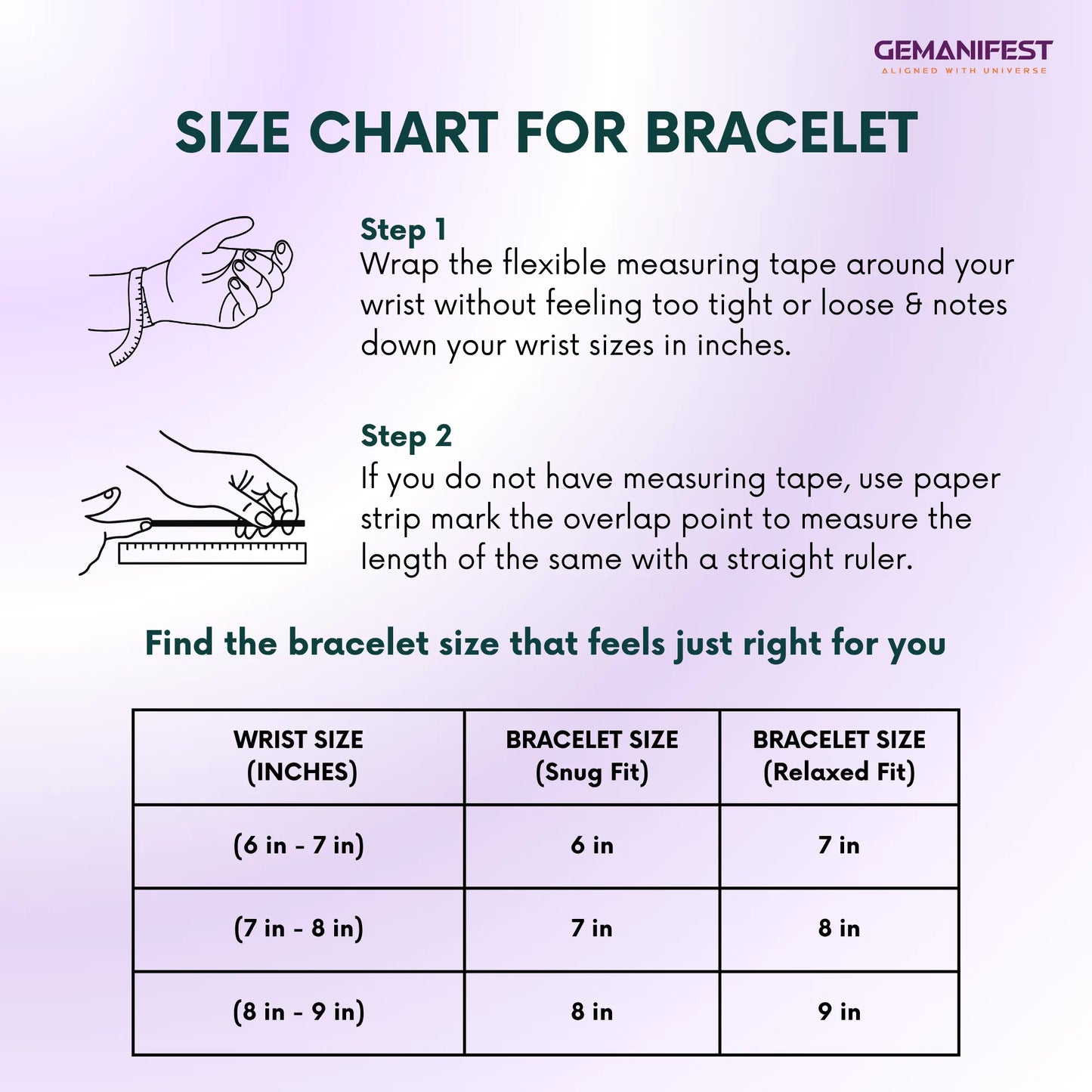 Size chart for bracelet with measurement instructions and table on a light purple background