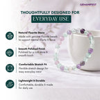 Fluorite stone bracelet with product features on a light background