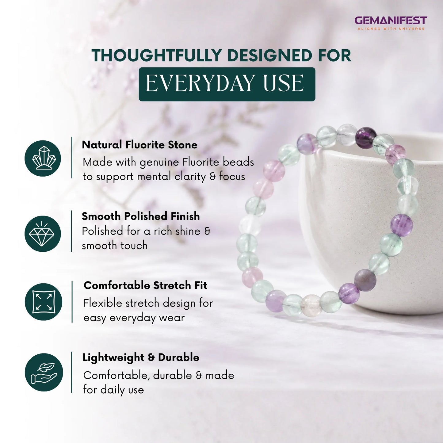 Fluorite stone bracelet with product features on a light background