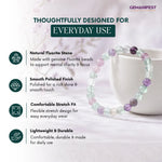 Fluorite stone bracelet with product features on a light background
