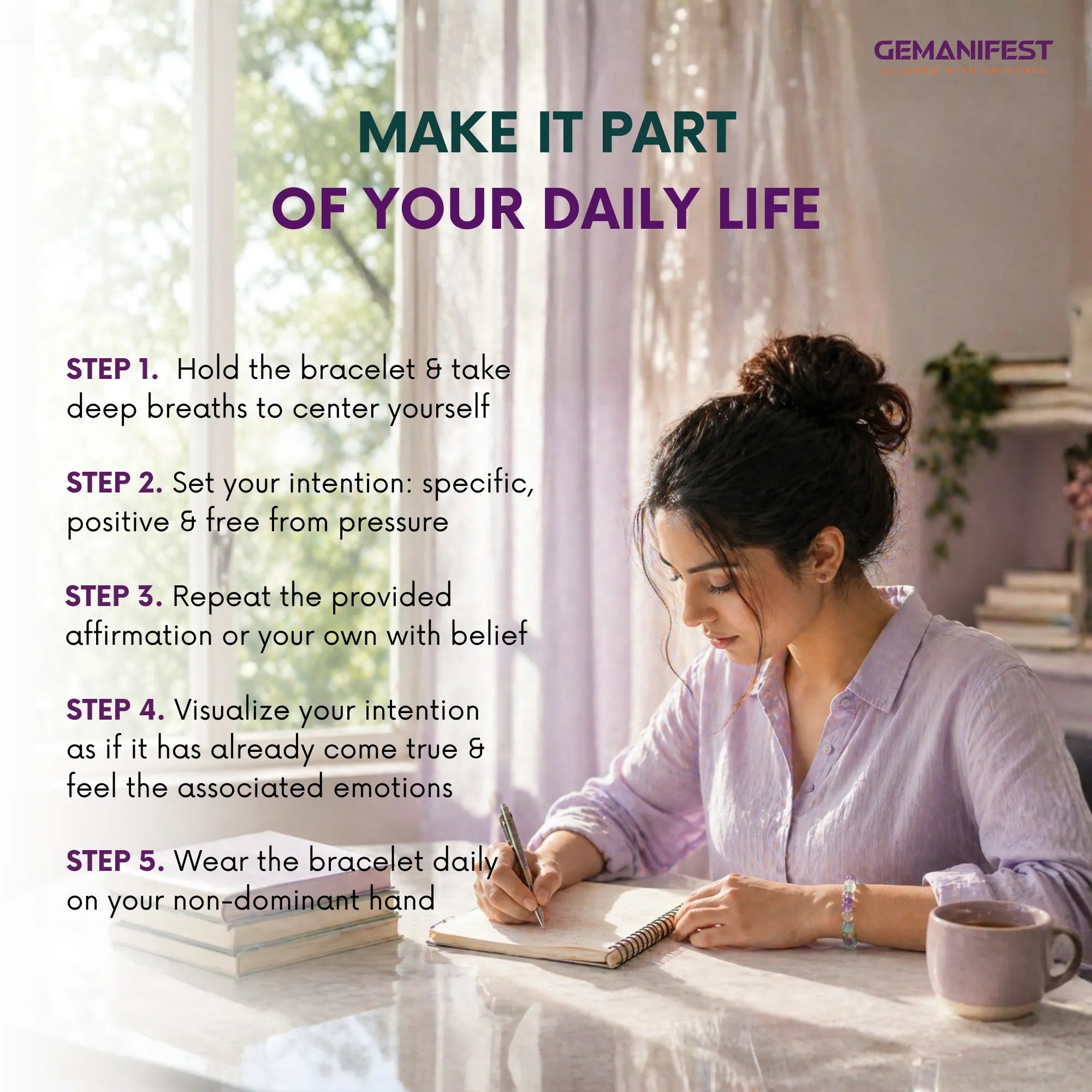Woman sitting at a desk with a cup of coffee, writing in a notebook, with text overlay about making a daily life affirmation part of your routine.