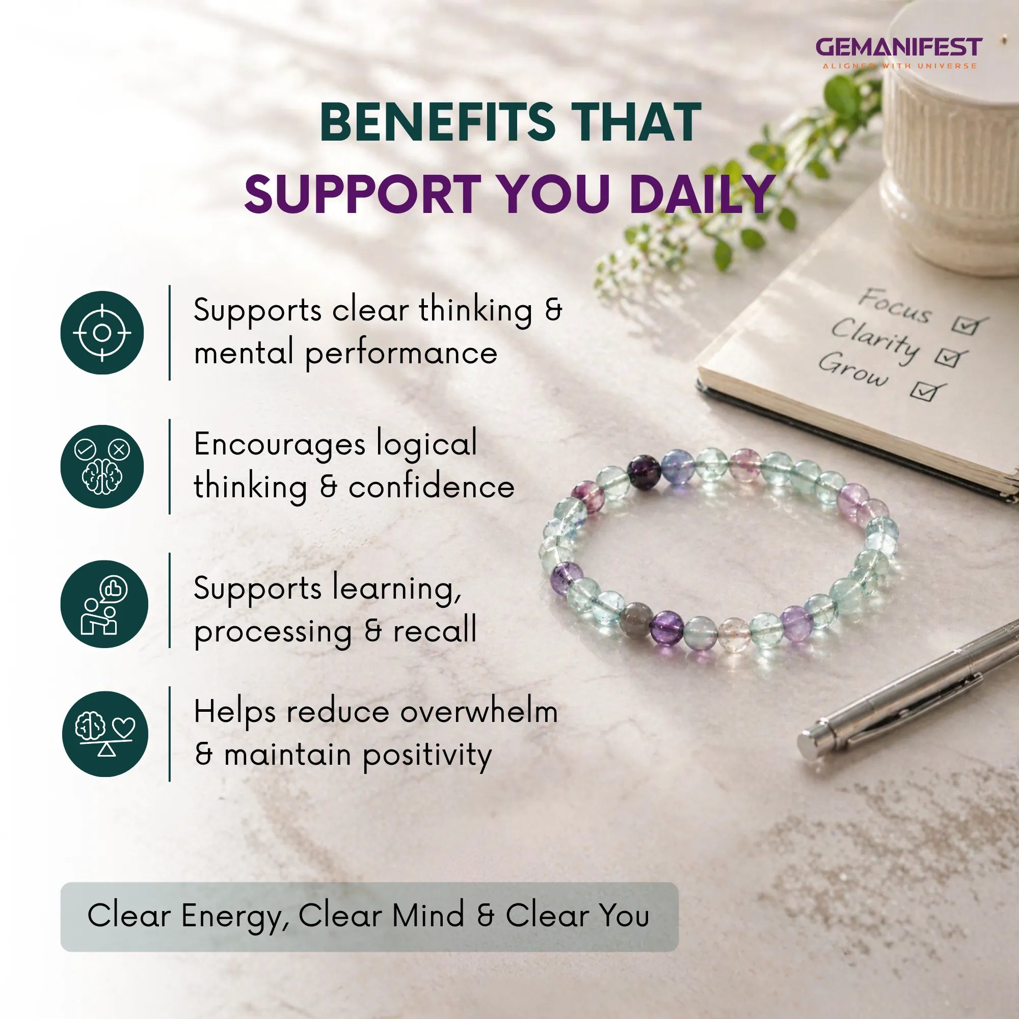 Gemanifest bracelet with benefits listed on a marble surface