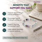 Gemanifest bracelet with benefits listed on a marble surface