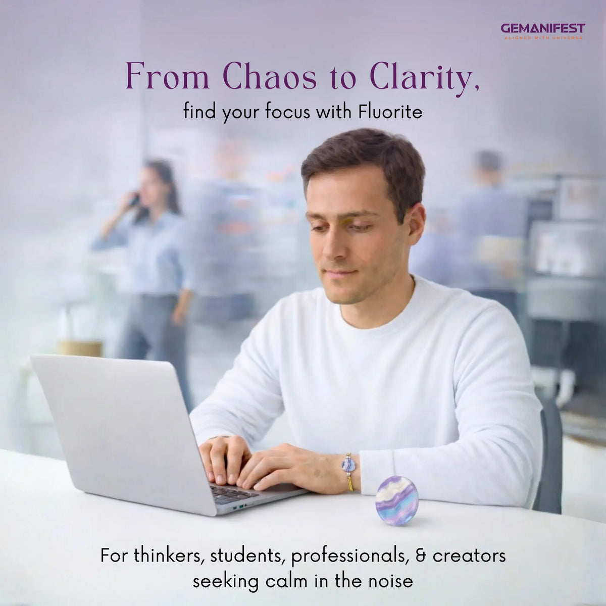 Man working on a laptop with text about Fluorite's ability to help find focus and calm.