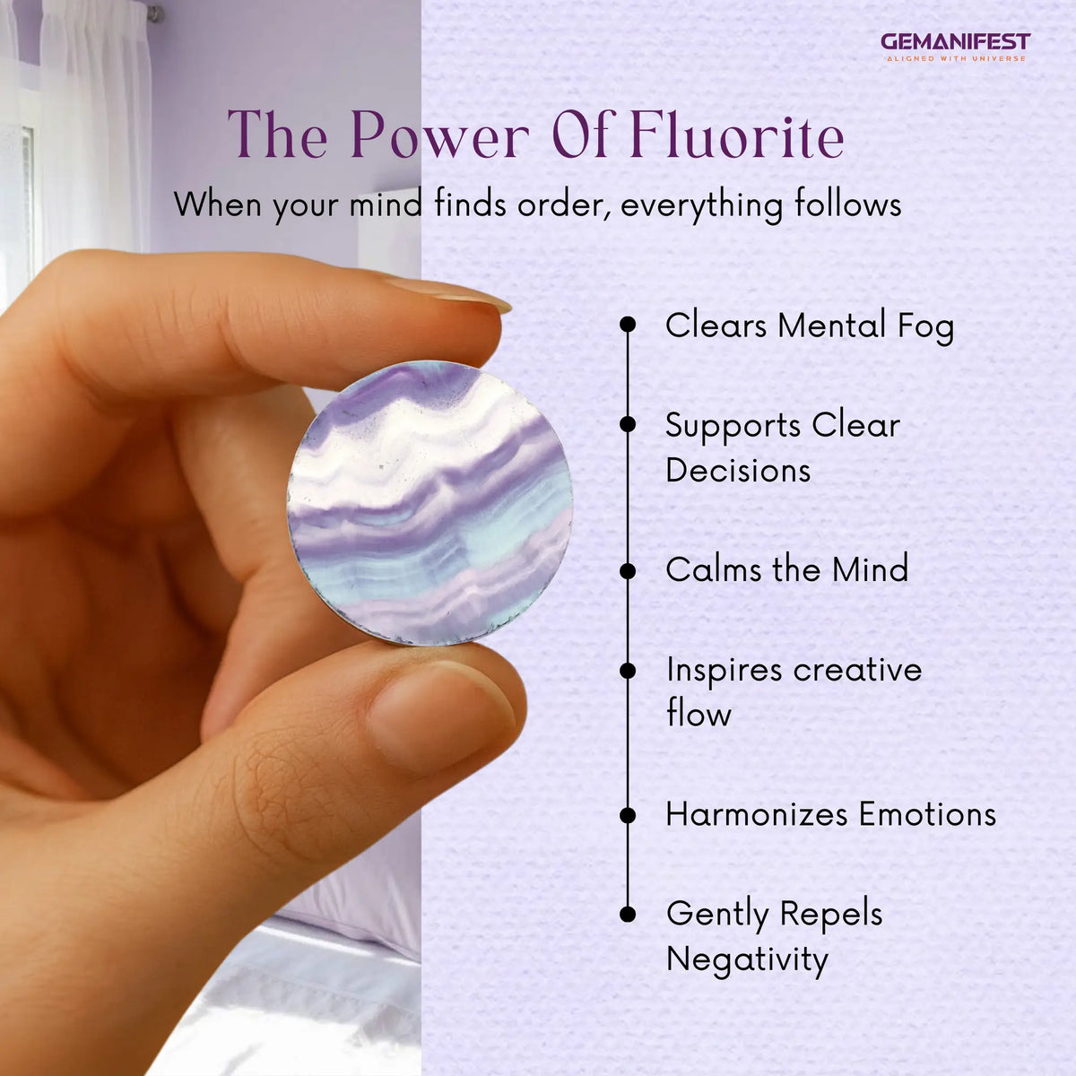 Hand holding a fluorite crystal with its benefits listed on a light purple background