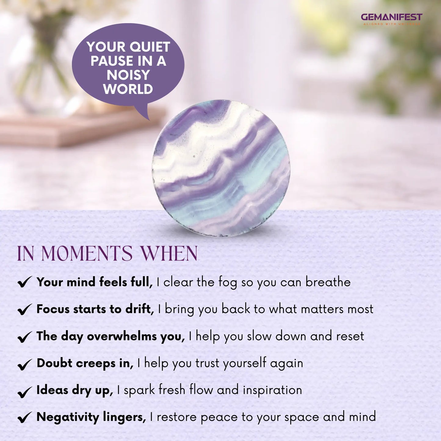 Fluorite Coin with text about calming effects on a blurred background