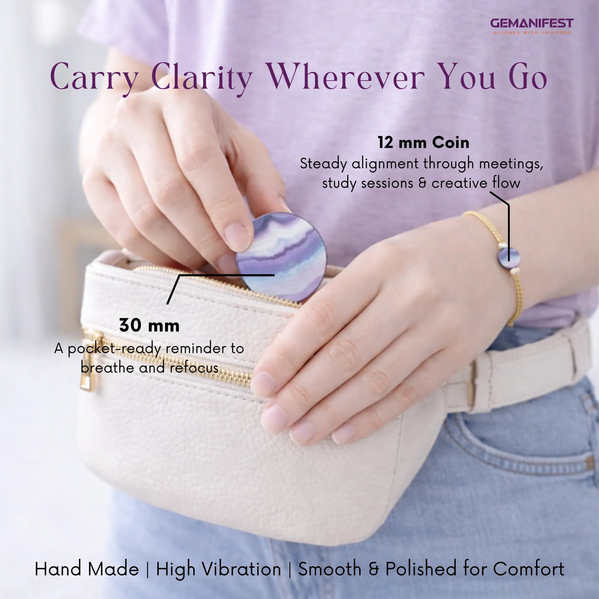 Person holding a small pouch with a coin and text about product features.
