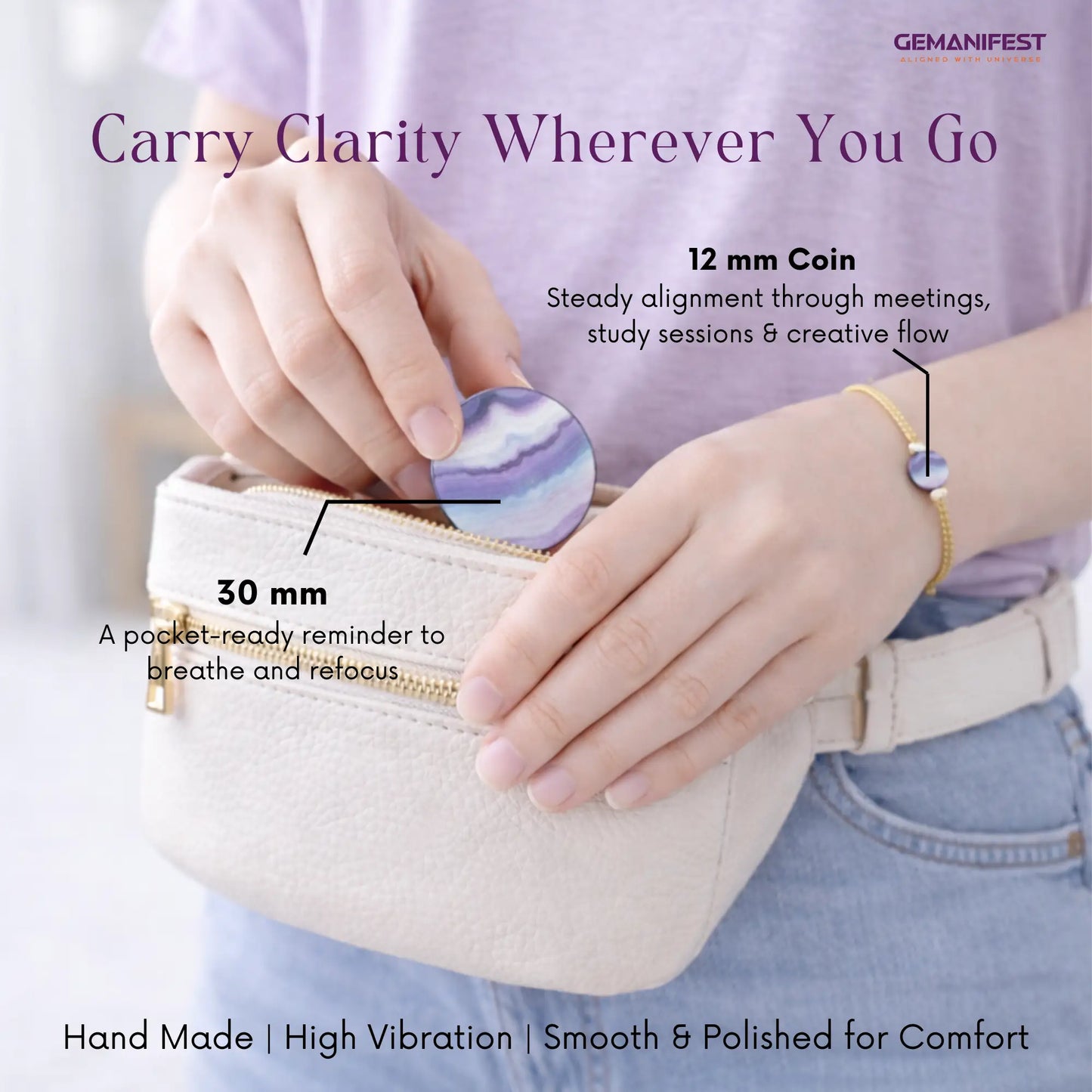 Person holding a small pouch with a coin and text about product features.