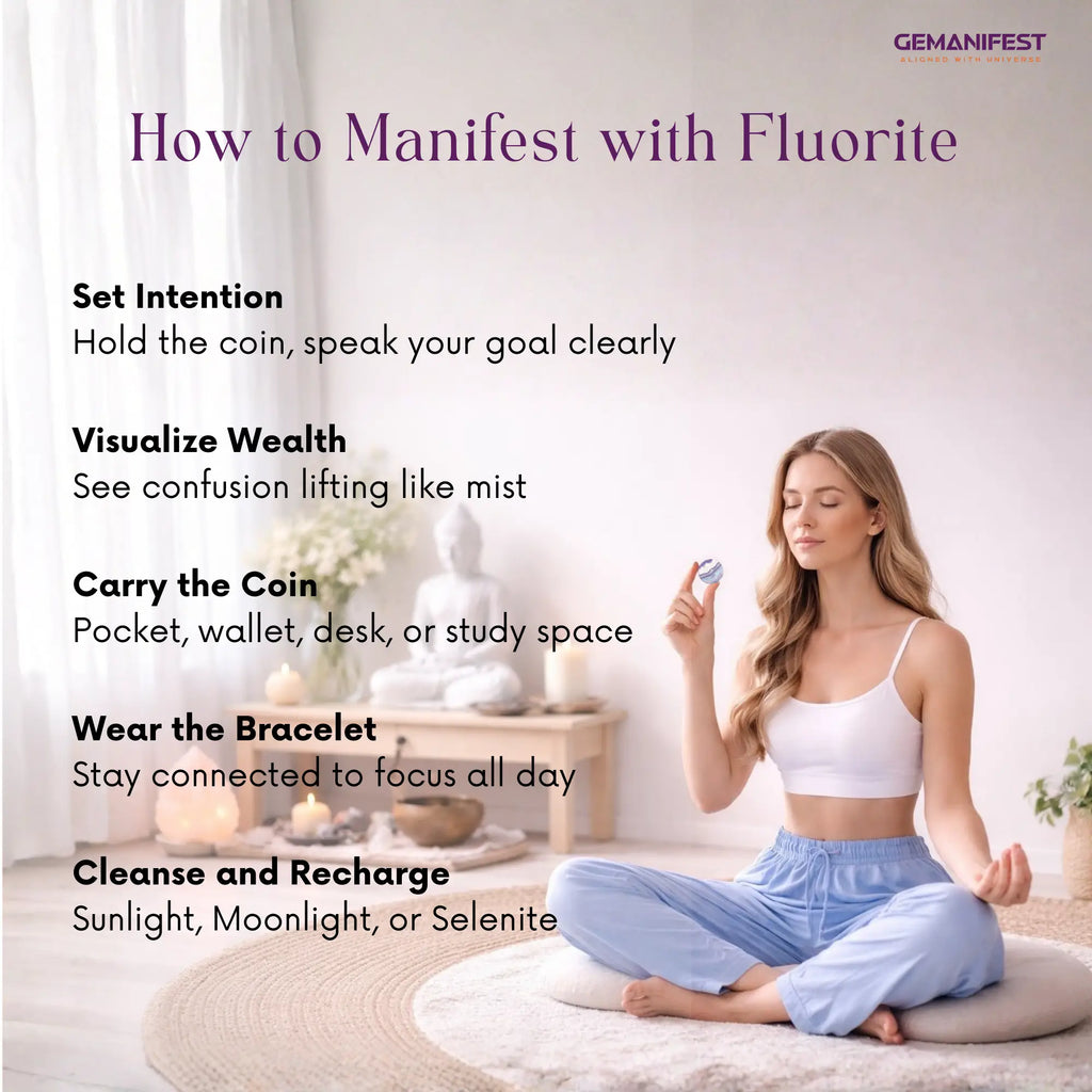 Woman sitting in a meditative pose holding a Fluorite coin with text on how to manifest with fluorite.