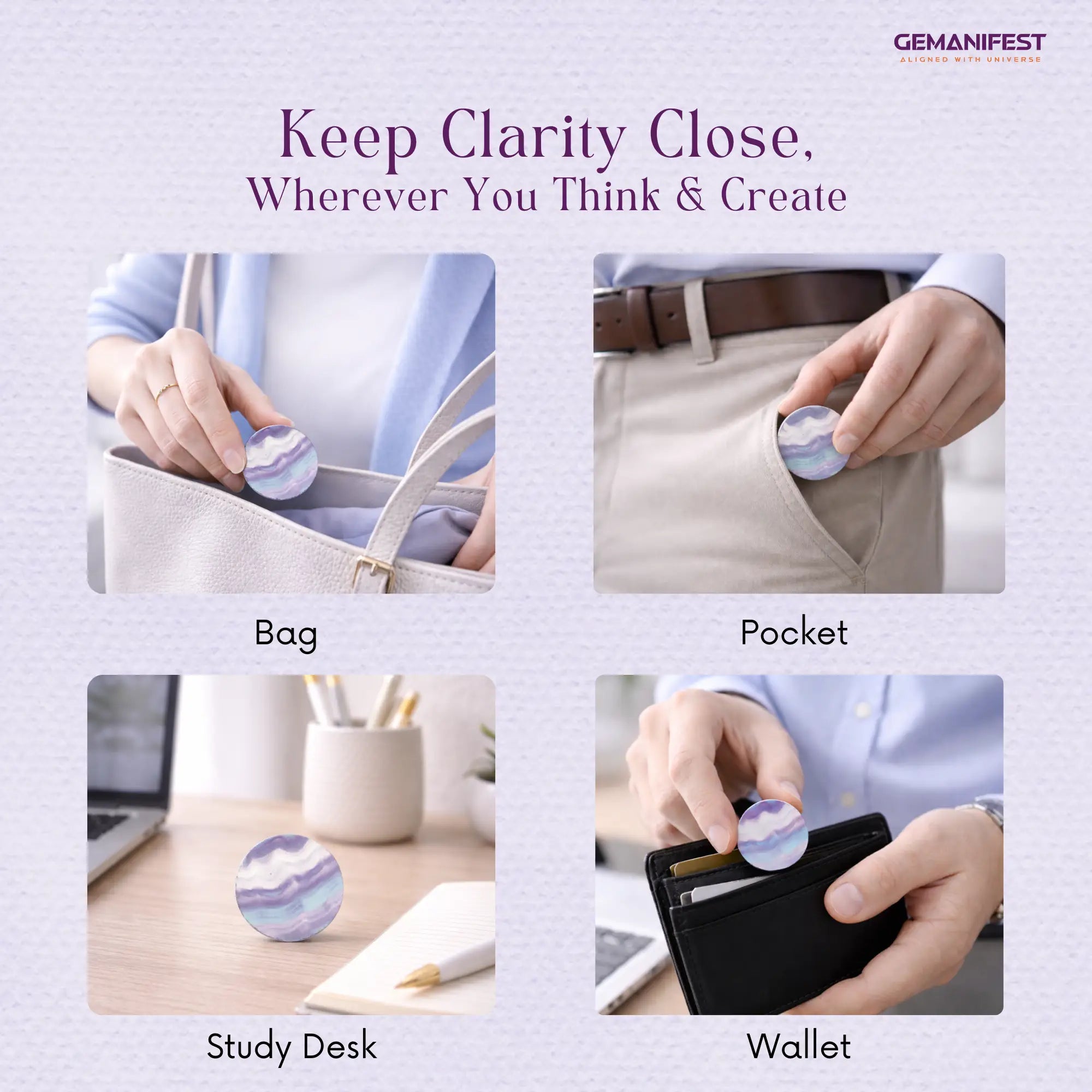 Fluorite Coin being used in various settings with text 'Keep Clarity Close, Wherever You Think & Create' and brand name 'GEMANIFEST'.