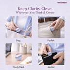 Fluorite Coin being used in various settings with text 'Keep Clarity Close, Wherever You Think & Create' and brand name 'GEMANIFEST'.
