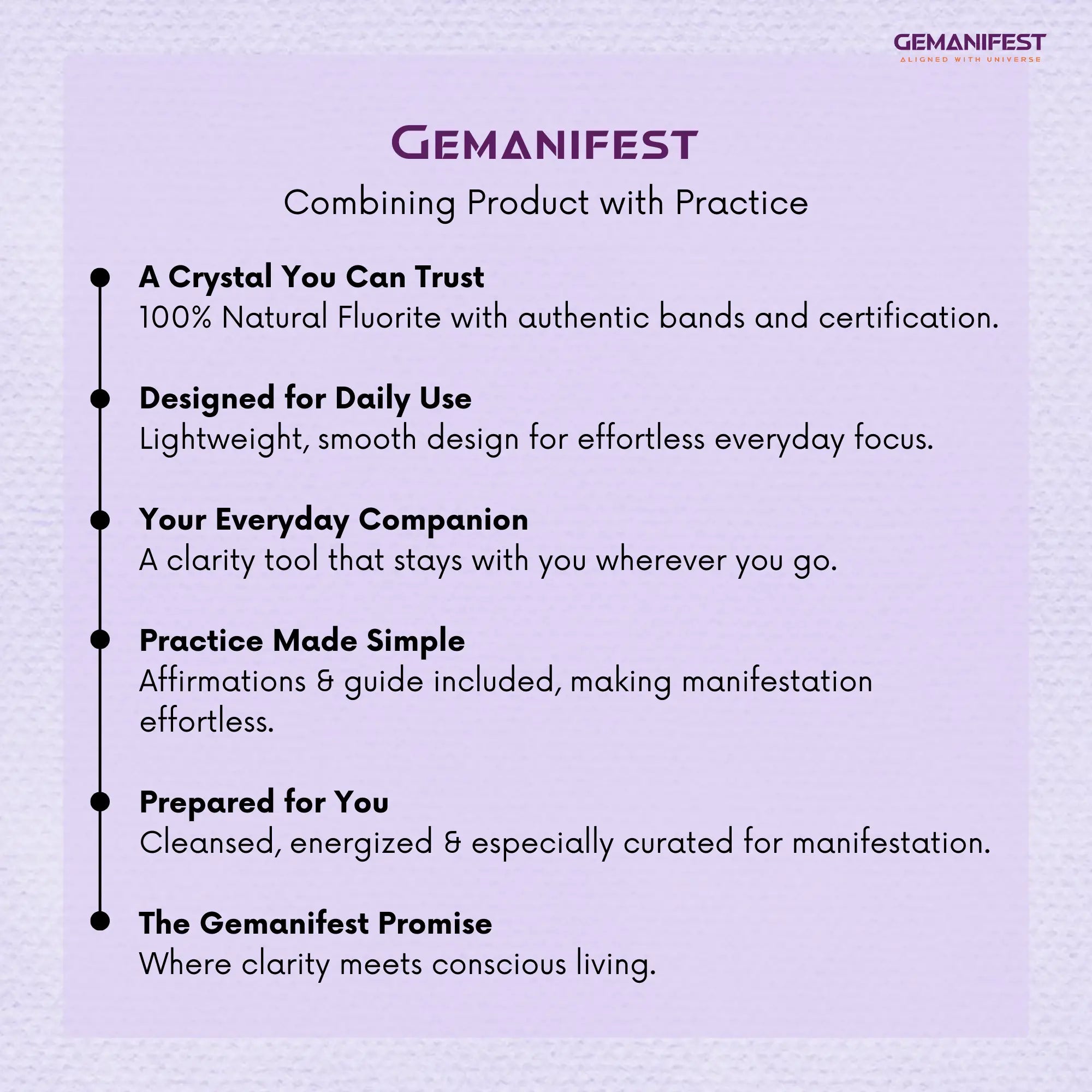 Gemanifest product description on a purple background
