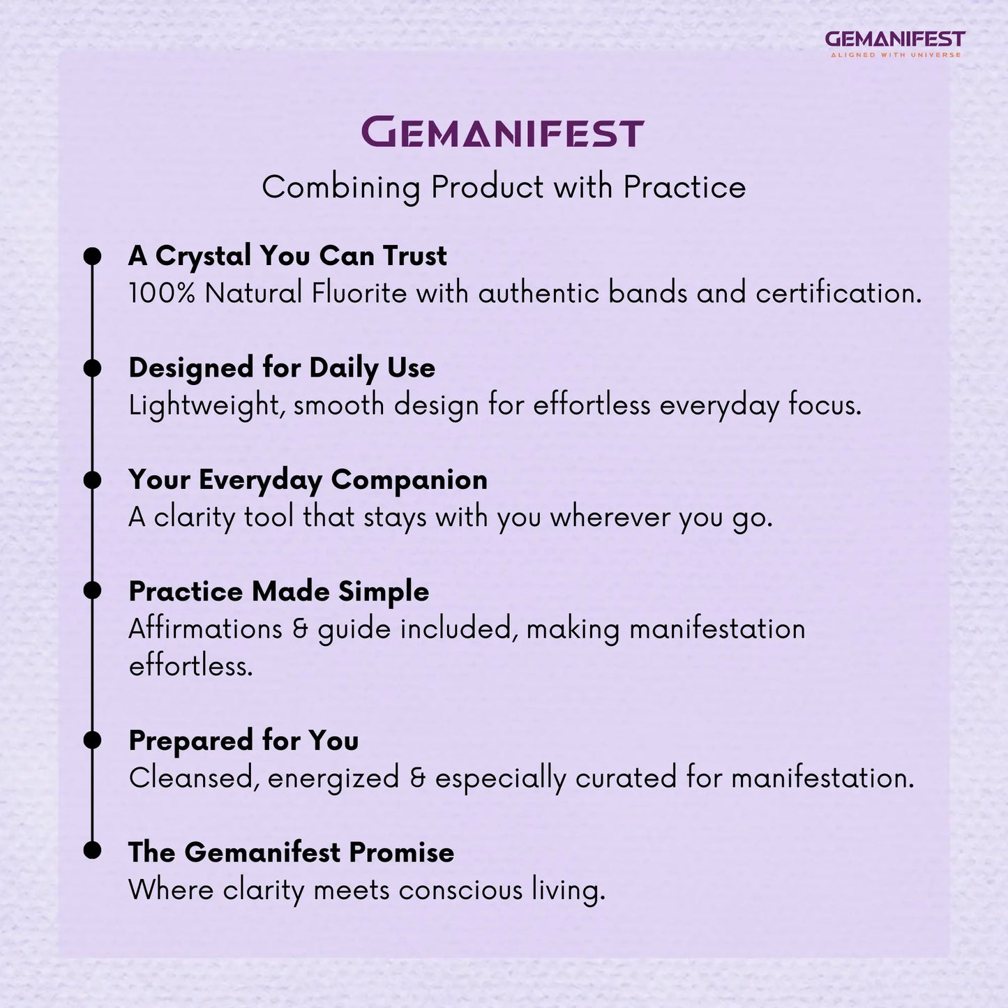 Gemanifest product description on a purple background