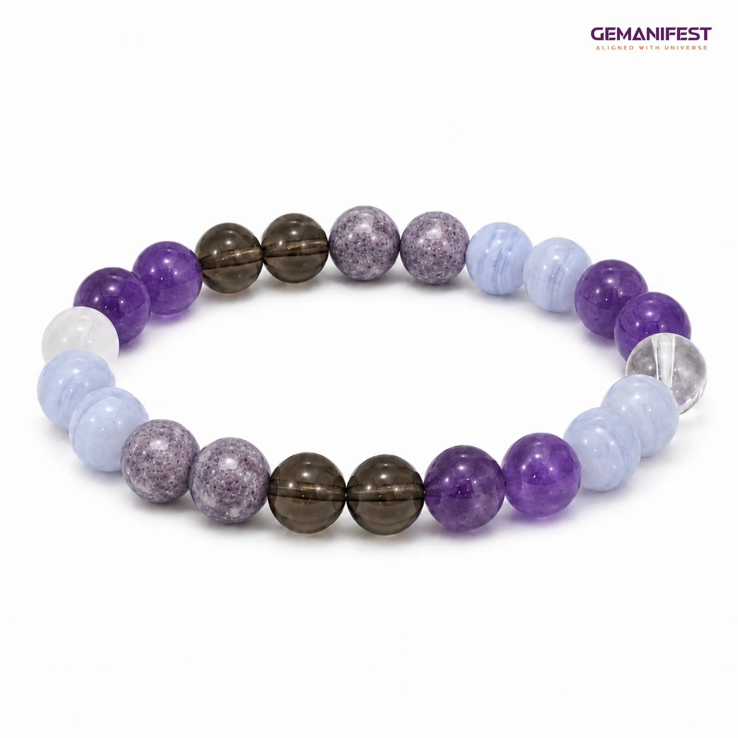 Stress Relief beaded bracelet on a white background with 'GEMANIFEST' branding.