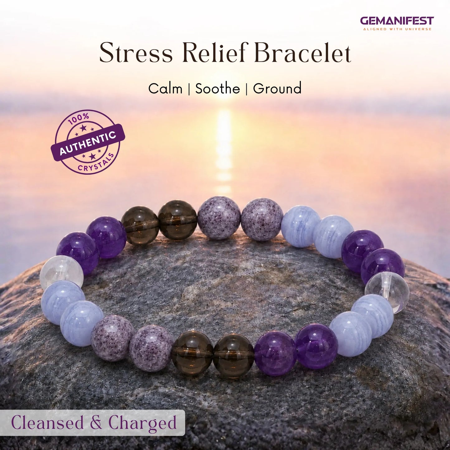 Stress relief bracelet with colored beads on a rock with a sunset background, featuring the brand 'GEMANIFEST'.