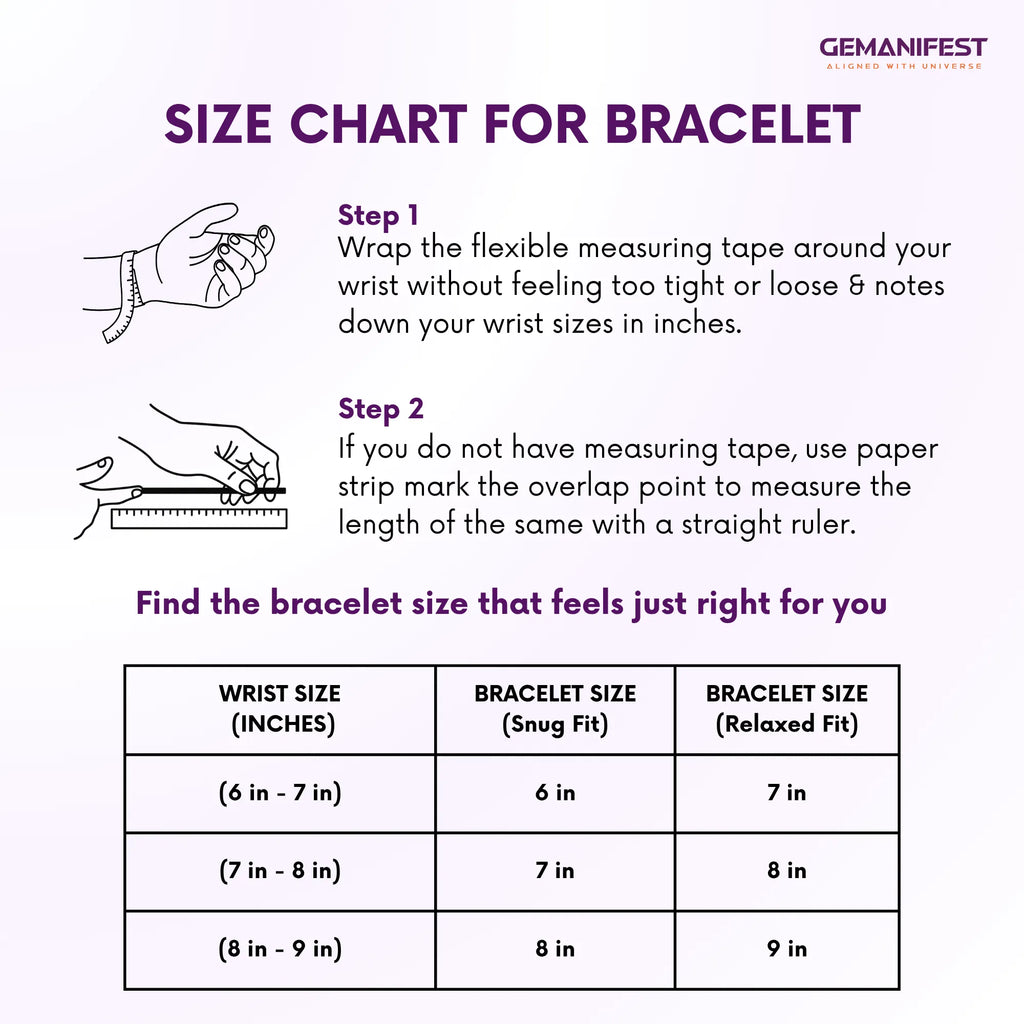 Size chart for bracelet with measurement instructions and a table for wrist sizes and corresponding bracelet sizes.