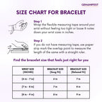 Size chart for bracelet with measurement instructions and a table for wrist sizes and corresponding bracelet sizes.