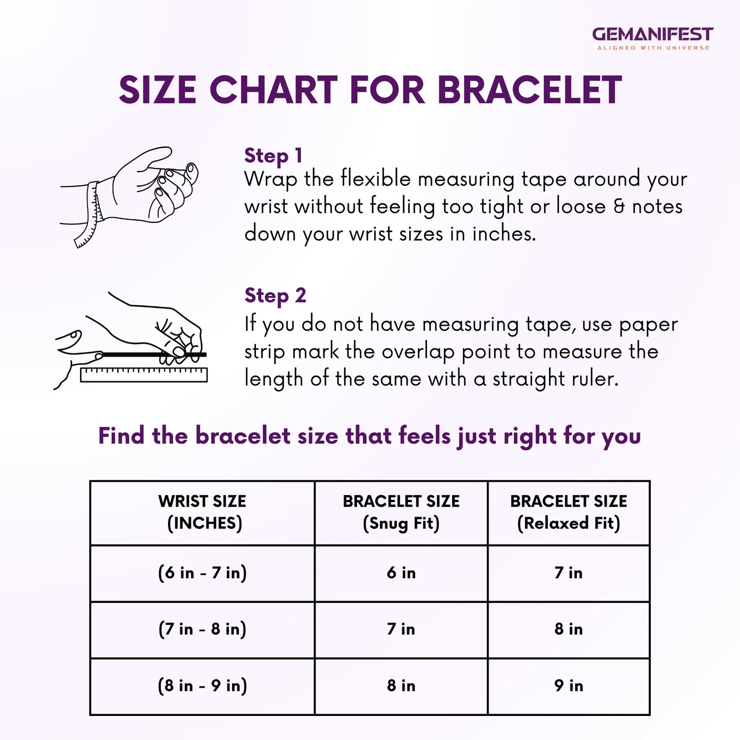 Size chart for bracelet with measurement instructions and a table for wrist sizes and corresponding bracelet sizes.