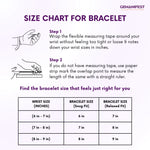 Size chart for bracelet with measurement instructions and a table for wrist sizes and corresponding bracelet sizes.