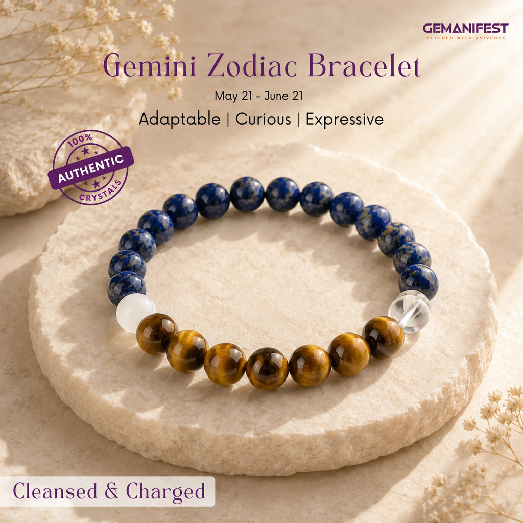 Beaded bracelet with Tiger's Eye and Lapis Lazuli on a beige background