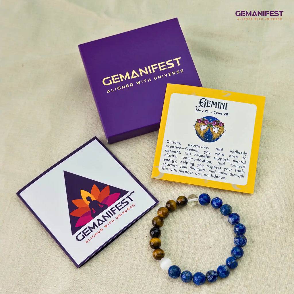 GEMANIFEST products including a bracelet, card, and packaging on a beige background