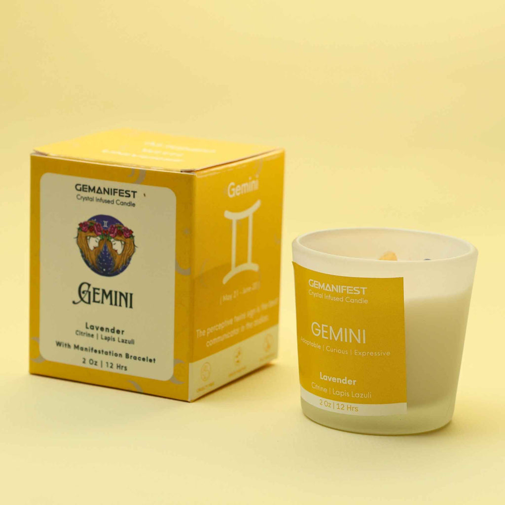 Gemini Zodiac Manifestation Candle with gift ready packaging box for clarity, creativity, and expression.