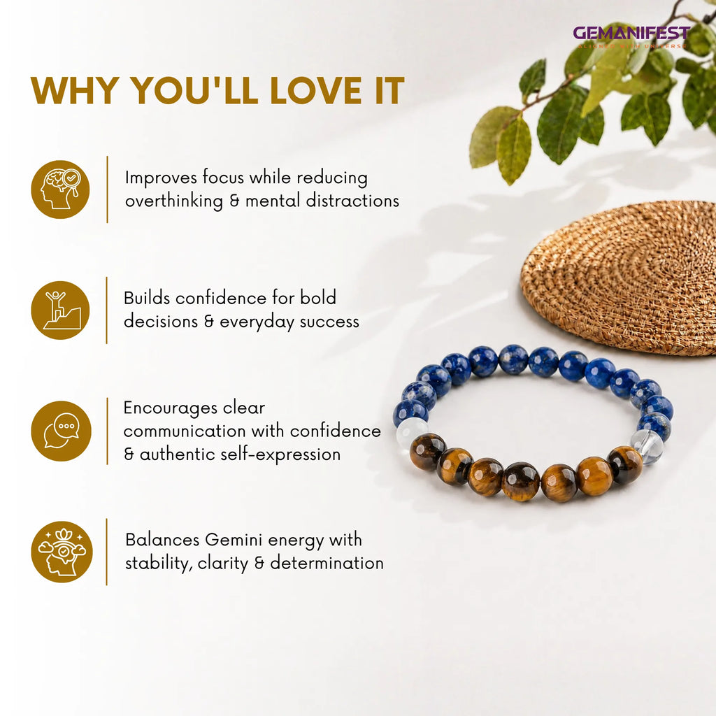 Gemini Zodiac Bracelet with Tiger’s Eye & Lapis for Clarity