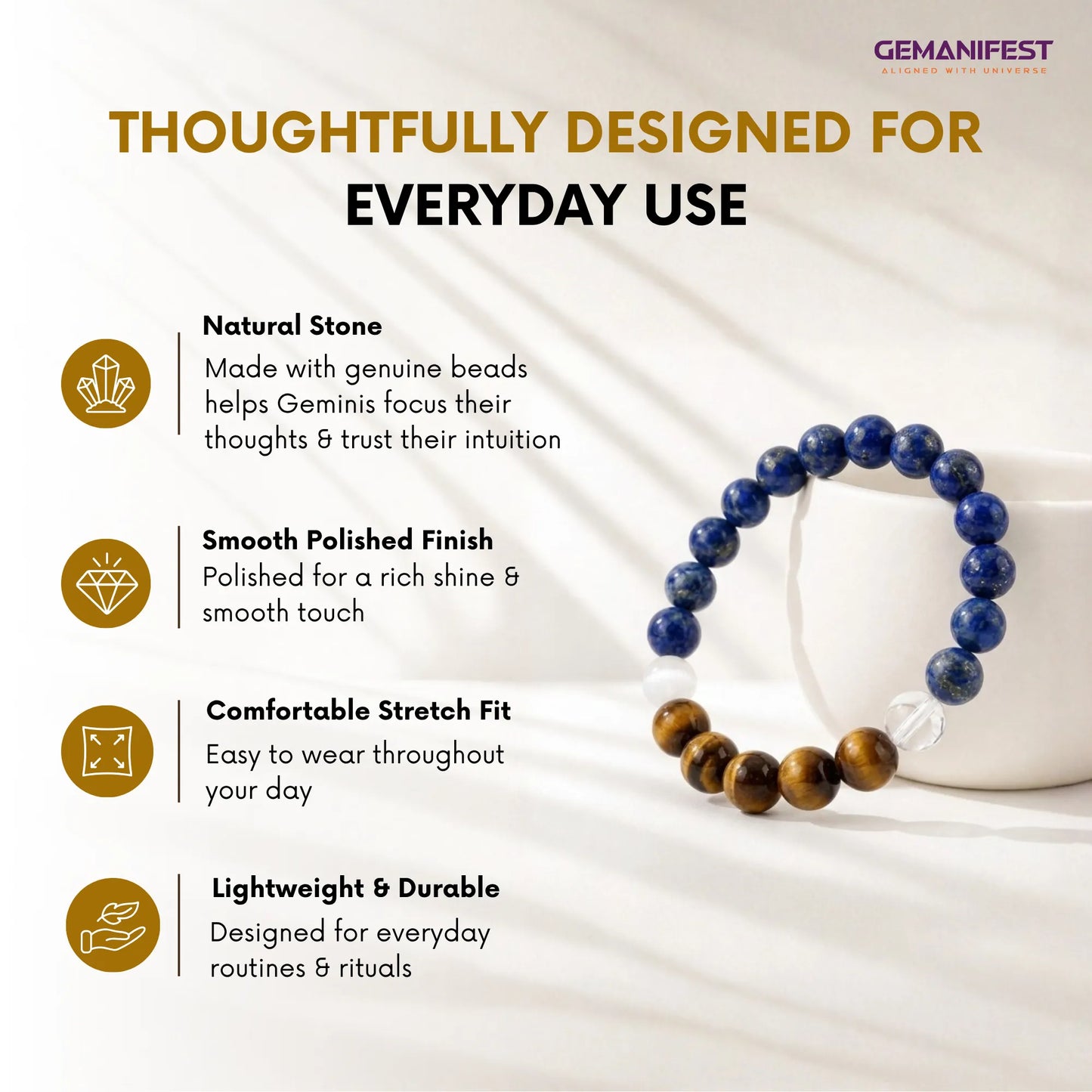 Gemini Zodiac Bracelet with Tiger’s Eye & Lapis for Clarity